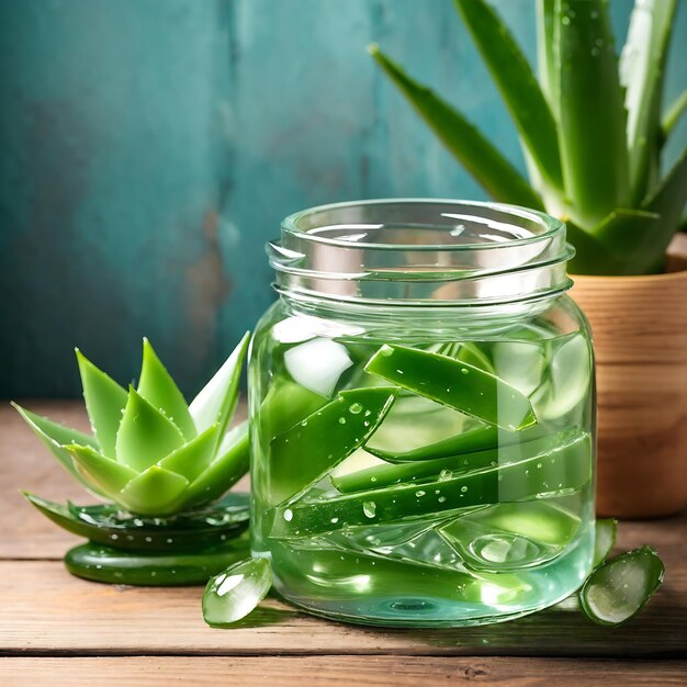 Photo fresh aloe vera plant stem slices and gel in glass jar on wooden background ai generated