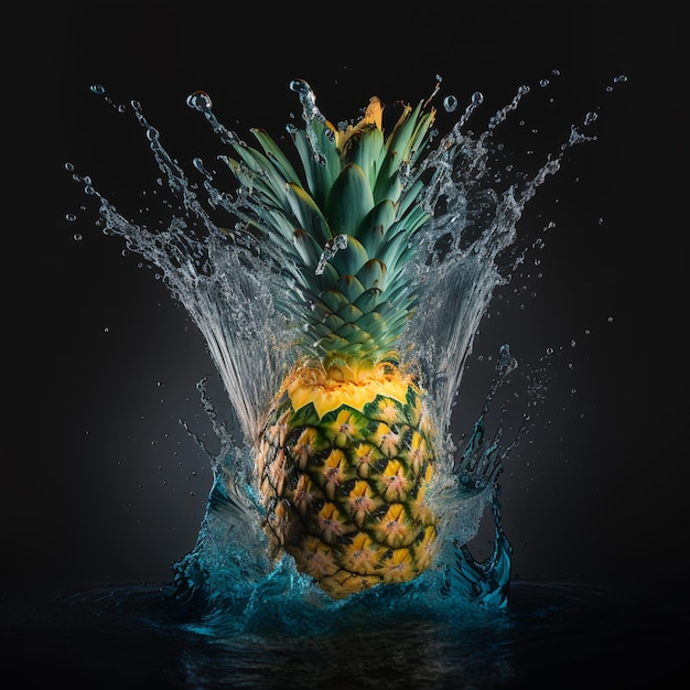 Fresh ananas fruit with water splash on Illustration background AI Generated