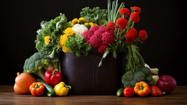 写真 青い背景のショッピングバッグに新鮮でカラフルな果物と野菜