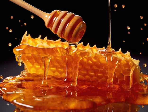 Fresh appetizing honey flows into honeycombs