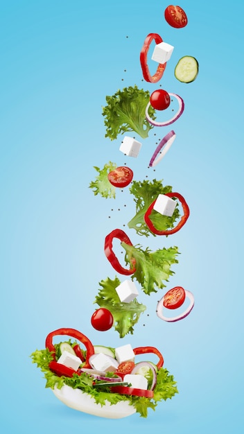 Fresh appetizing salad flying over blue background