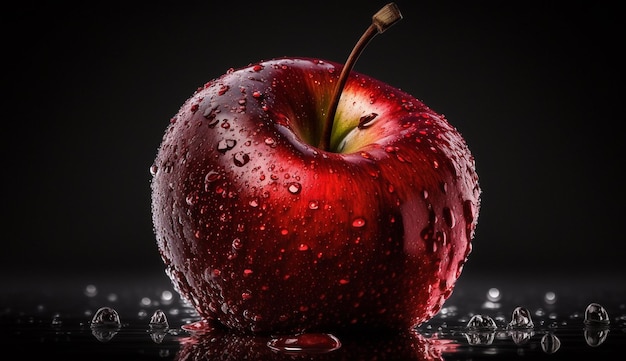 Fresh apple drops with wetness on black background generative AI