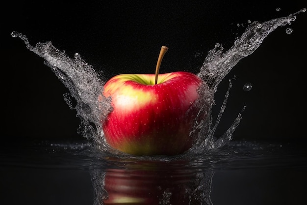 新鮮なリンゴが水しぶきと気泡とともに水に落ちる