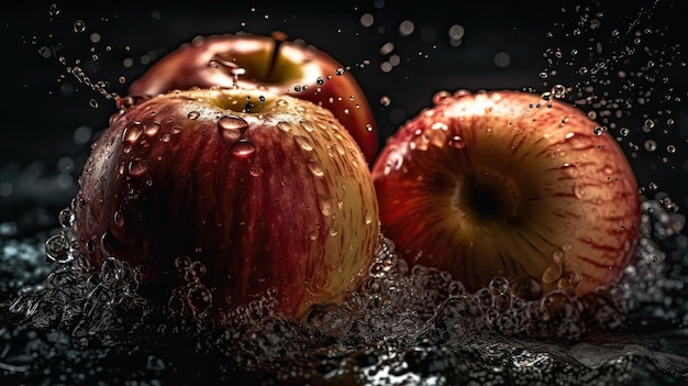 Photo fresh apple hit by splashes of water with black blur background