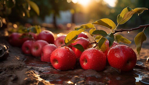写真 濡れた葉の上に新鮮なリンゴ、人工知能によって生成された自然の健康的なグルメ リフレッシュメント