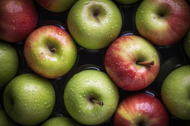 Fresh apple seamless background adorned with glistening droplets of water AI generated