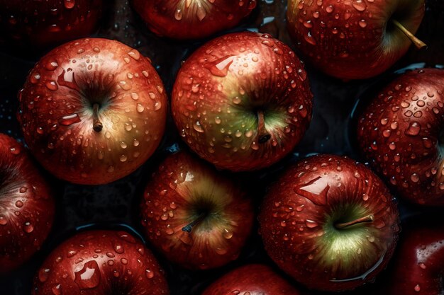 きらめく水の滴で飾られた新鮮なリンゴのシームレスな背景