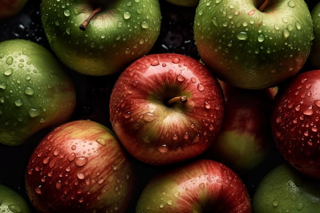 Photo fresh apple seamless background adorned with glistening droplets of water