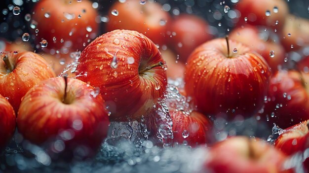 Photo fresh apples in the air with water splash