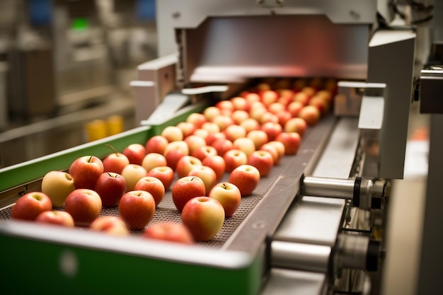 Photo fresh apples in automated food processing facility ai