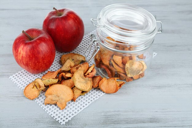 Fresh apples and dried apples in glass jar on color wooden background