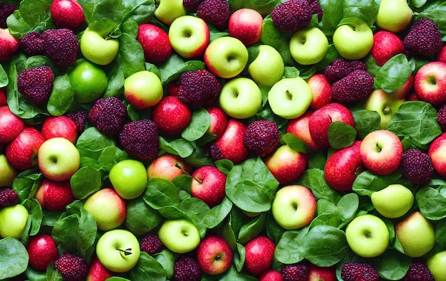 Fresh apples and green leaves