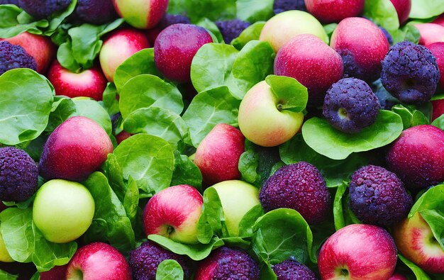 Fresh apples and green leaves