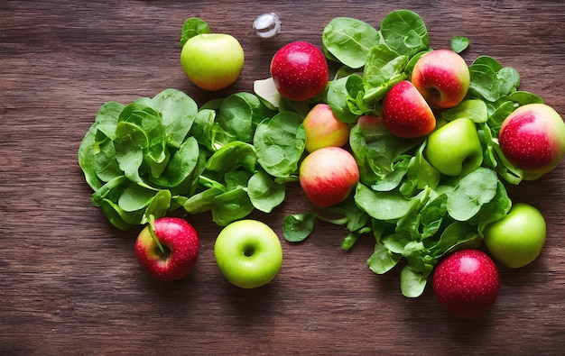 Fresh apples and green leaves