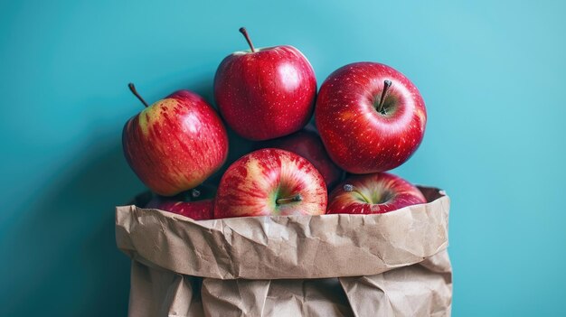 Fresh apples in a paper bag on a light blue background