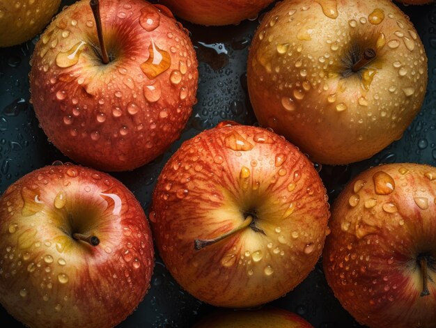 Fresh apples with water drops close up