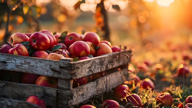 Photo fresh apples in wooden crate on table at sunset