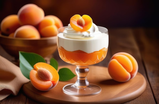 Fresh apricots and ice cream with jam on wooden table refreshing summer dessert