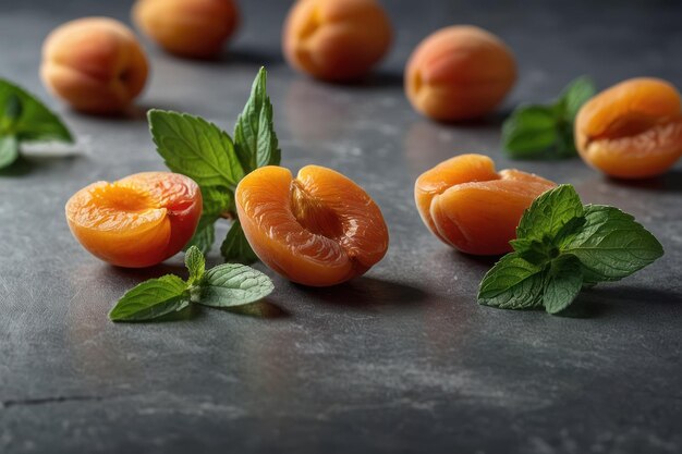 Foto apricotti freschi e foglie di menta sulla tavola