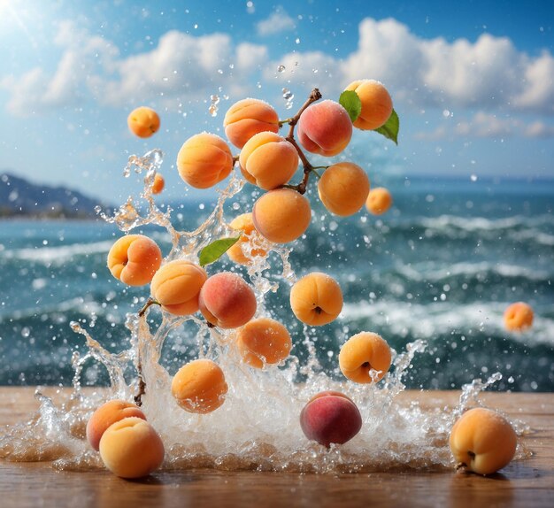 Fresh apricots in water splashes on wooden table and sea background