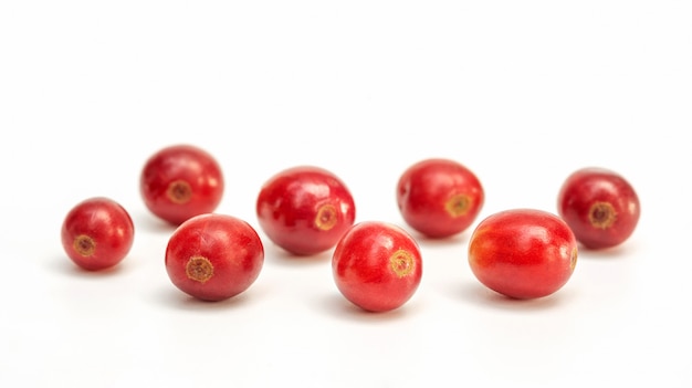 Fresh arabica coffee beans on a white background.