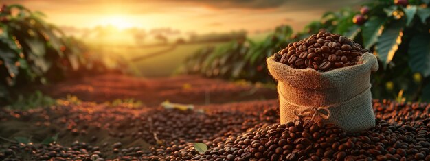 fresh aromatic coffee beans in a bag on the background of nature