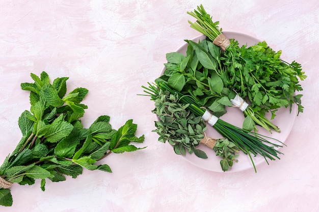 Fresh aromatic herbs from above on pink background