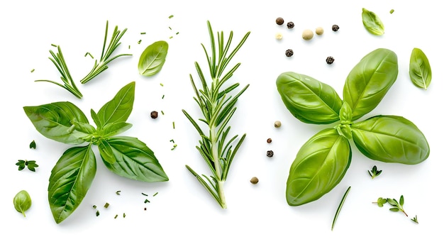 Fresh aromatic herbs isolated on white background Culinary ingredients in natural lighting Green basil rosemary and pepper for healthy cooking Ideal for recipe blogs AI