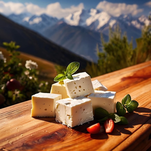 Foto formaggio feta biologico artigianale fresco sullo sfondo di montagna all'aperto