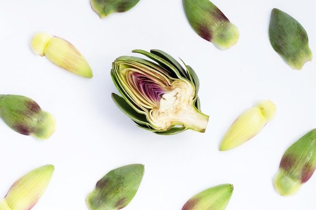 Fresh artichoke petals on white background