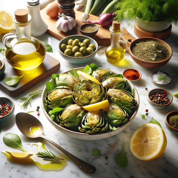 Fresh Artichoke Salad on Marble Kitchen Counter