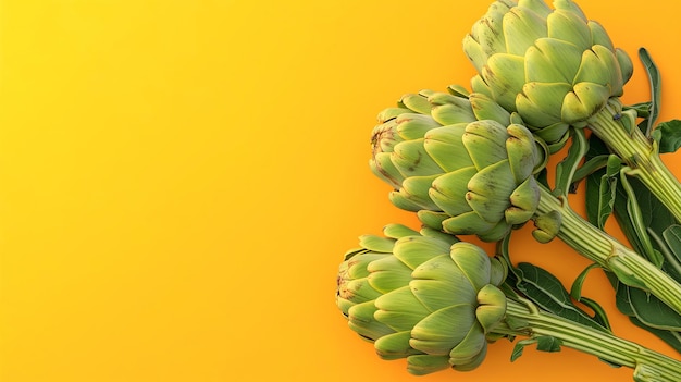 Fresh Artichoke on yellow background Raw Artishokes closeup