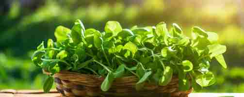 Photo fresh arugula in a basket on a wooden table in the garden generative ai