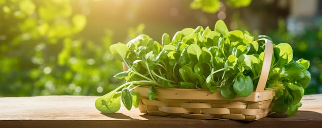 정원에서 나무 테이블에 바구니에 신선한 arugula 생성 AI