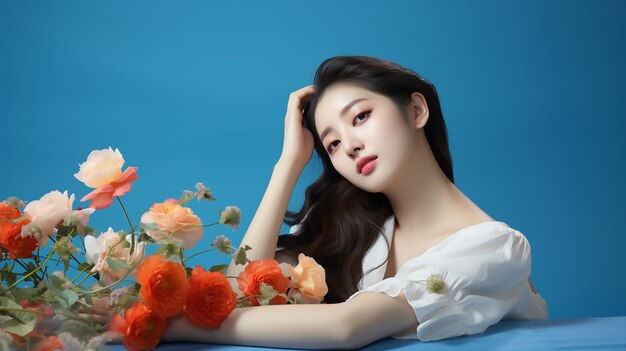 Fresh asian young lady lying on a table in blue background