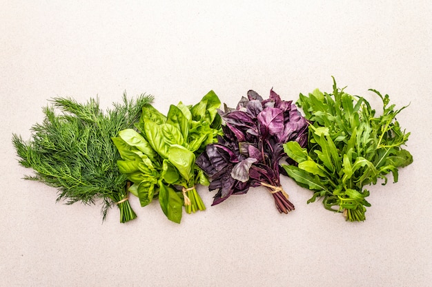 Fresh assorted herbs: basil, arugula, dill.