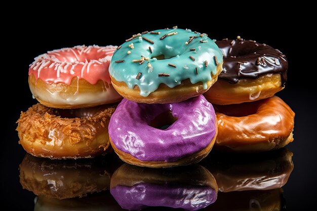 Fresh assorted homemade gourmet glazed donuts on black background