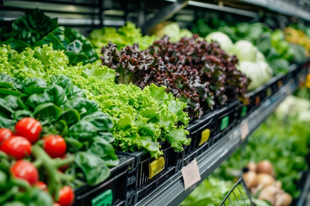 Fresh Assorted Leafy Vegetables Displayed on Supermarket Shelves with Organic Farm Produce Tags