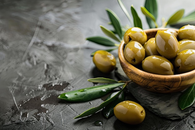 Foto olive fresche assortite in una ciotola di legno rustico accompagnate da un ramo d'olivo su una superficie di pietra scura