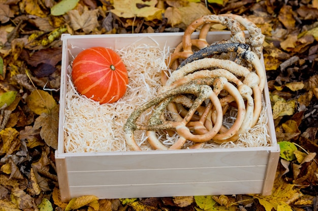 Fresh assorted pretzels in a wooden box.