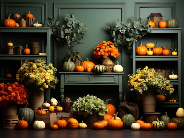 Fresh assorted pumpkin and squash on table with red and yellow fall leaves