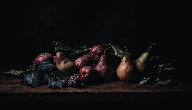 Fresh autumn fruits on a rustic wooden table healthy and organic generated by artificial intelligence