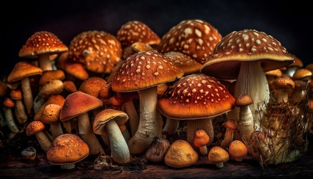 Fresh autumn growth of edible fly agaric mushroom generated by AI