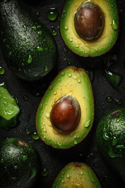 Fresh Avocado adorned with glistening droplets of water created with Generative AI technology