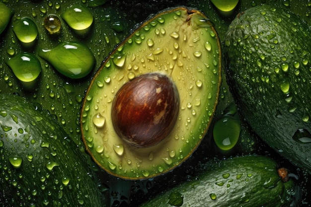 Fresh Avocado adorned with glistening droplets of water created with Generative AI technology