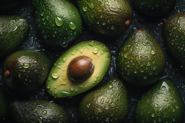 Photo fresh avocado adorned with glistening droplets of water created with generative ai technology
