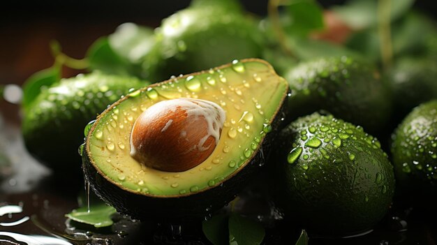 Fresh avocado fruit with water droplets on branch in soft dreamy bright atmosphere Natural fruit