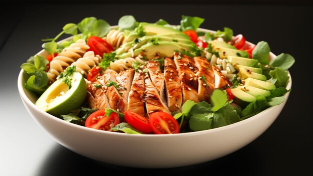 Fresh avocado lettuce salad bowl with sliced chicken meat and rotini in a plate on white