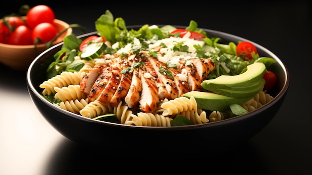 Fresh avocado lettuce salad bowl with sliced chicken meat and rotini in a plate on white