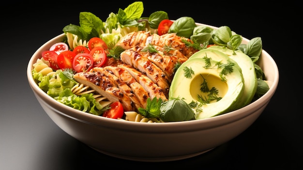 Fresh avocado lettuce salad bowl with sliced chicken meat and rotini in a plate on white